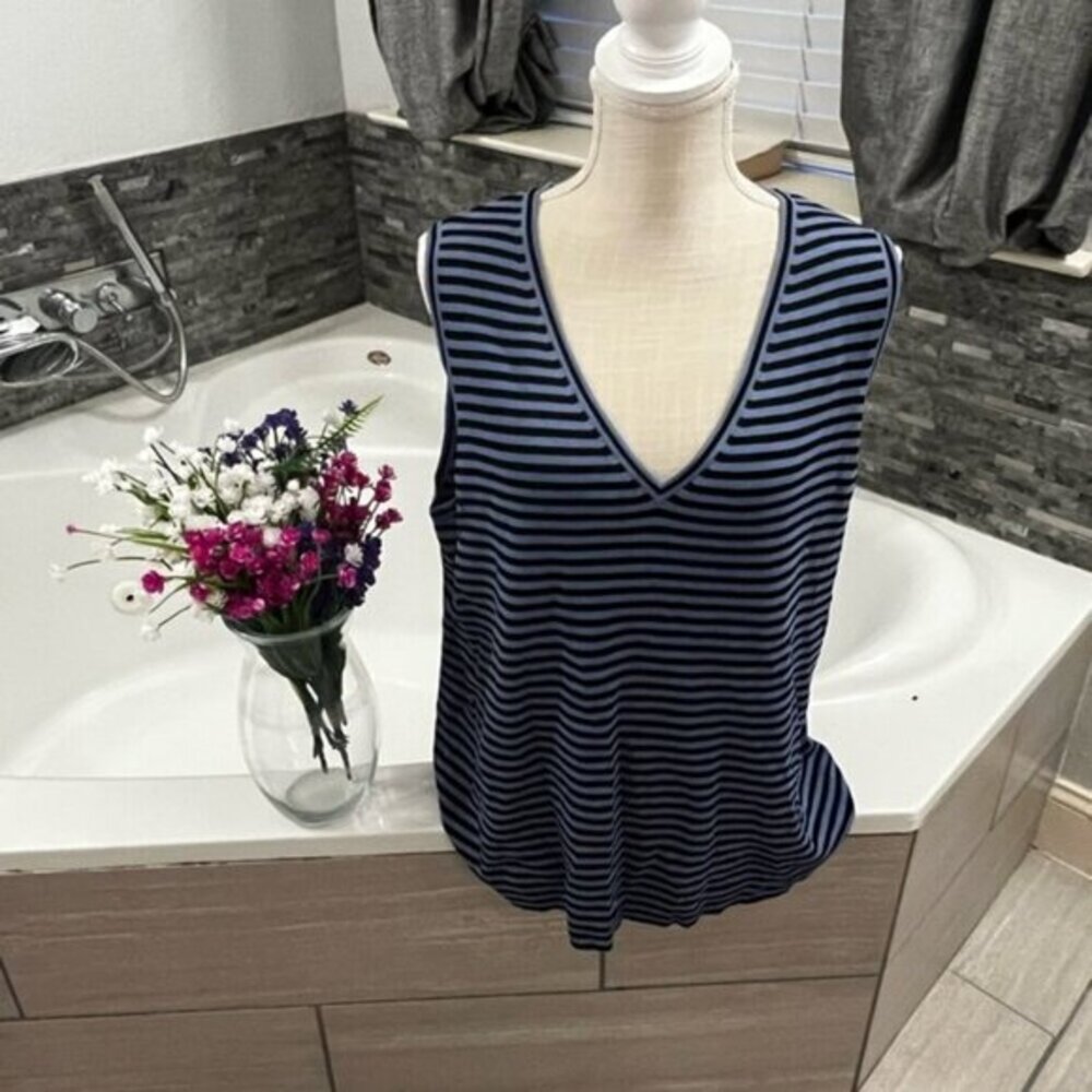 Sarah Spencer Navy and Black Striped V-Neck Sleeveless Sweater